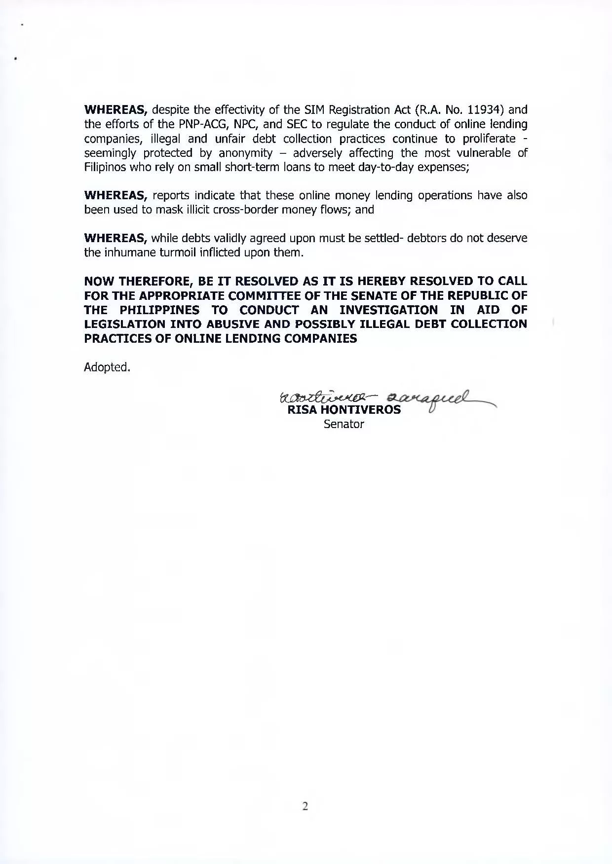 Online Lending Companies. P.S.R No. 882 by Senator Risa Hontiveros